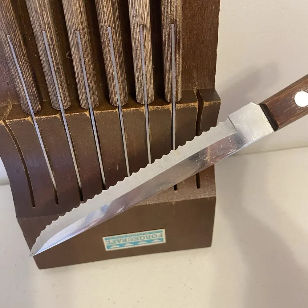 Forgecraft Stainless Steak Knives Set Of 7 Brown Wooden Handles Easy Clean